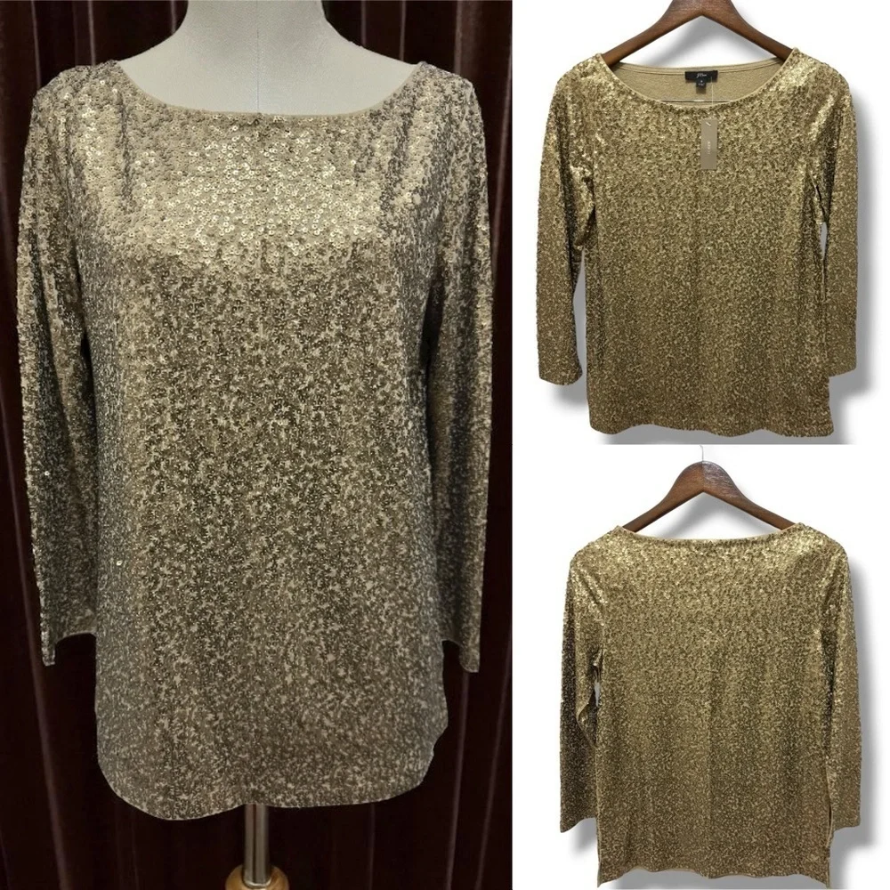 328 J.Crew | NWT Shimmering Gold Sequin Boatneck Blouse (Size S)